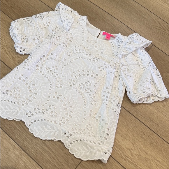 Lilly Pulitzer Aleena Elbow Sleeve Eyelet Top Sz S Preppy Ruffle White Beachy - Picture 2 of 7